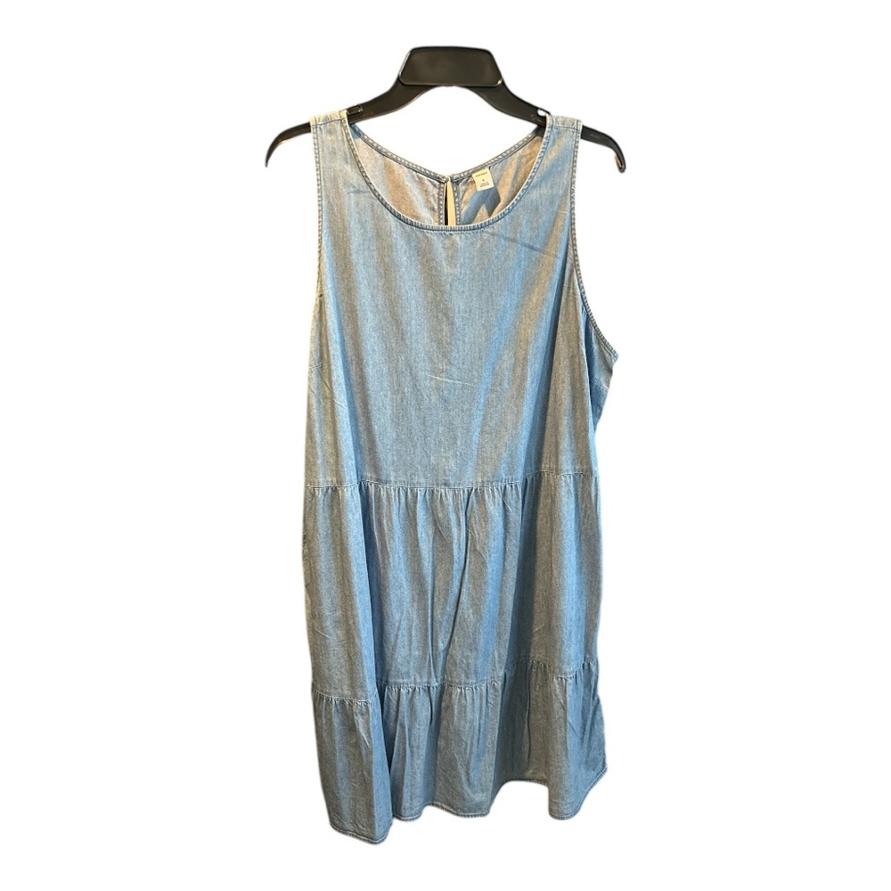 Stylish Blue Sleeveless Chambray Denim Tiered Dress